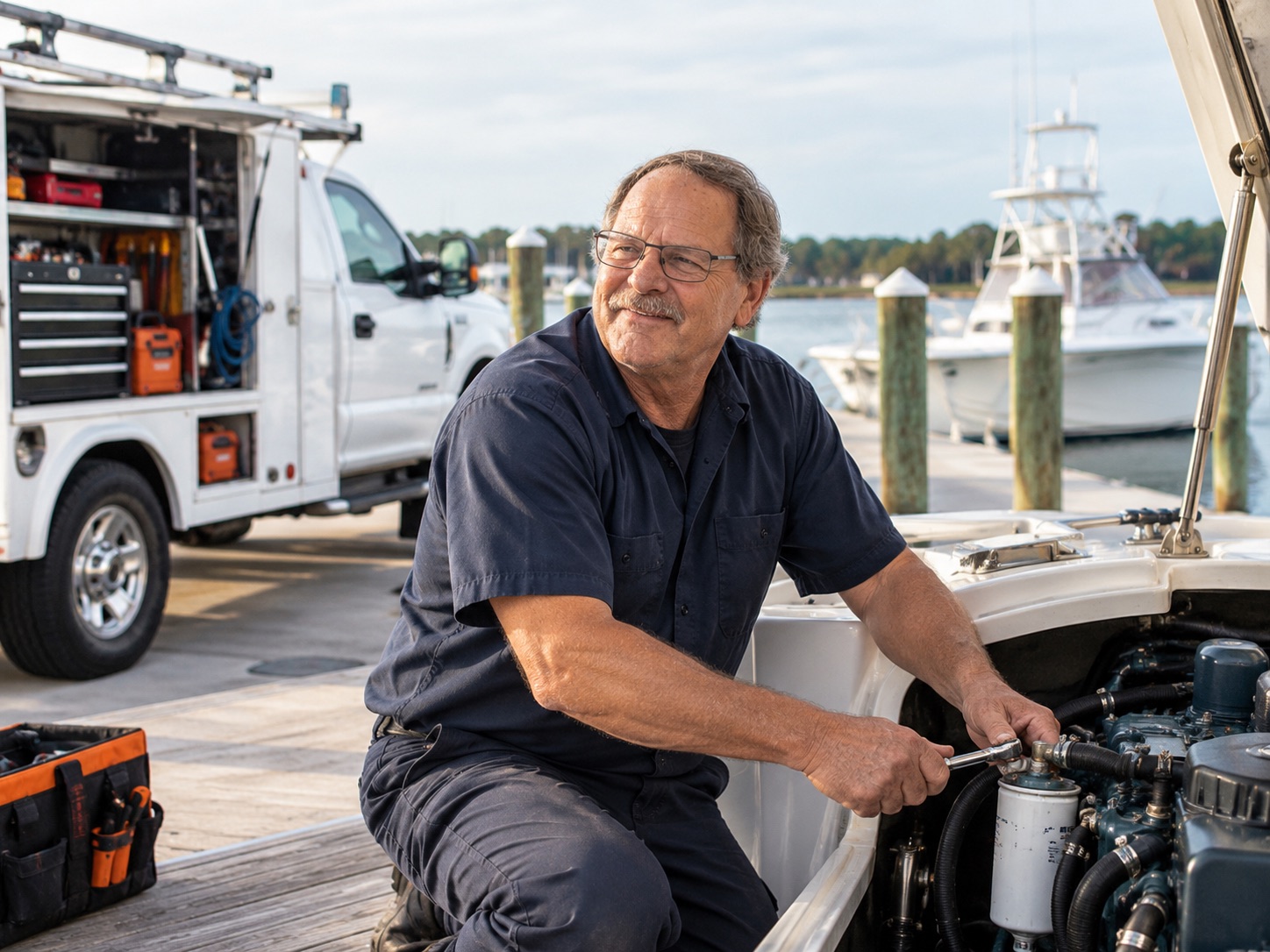 Marine technician at work beside a boat's engine, service truck parked on the dock behind him